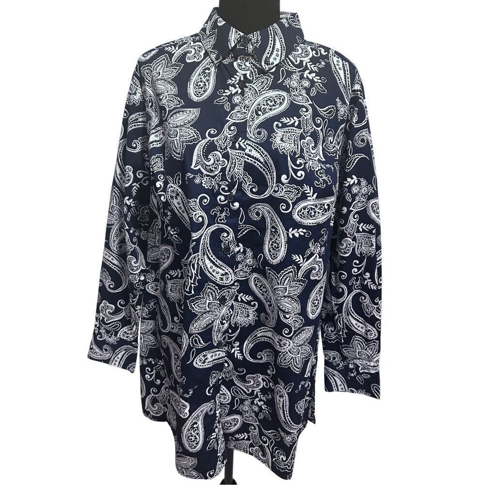 Jessica London Women’s Size 16W Navy Paisley Print Long Slv Button Down Blouse